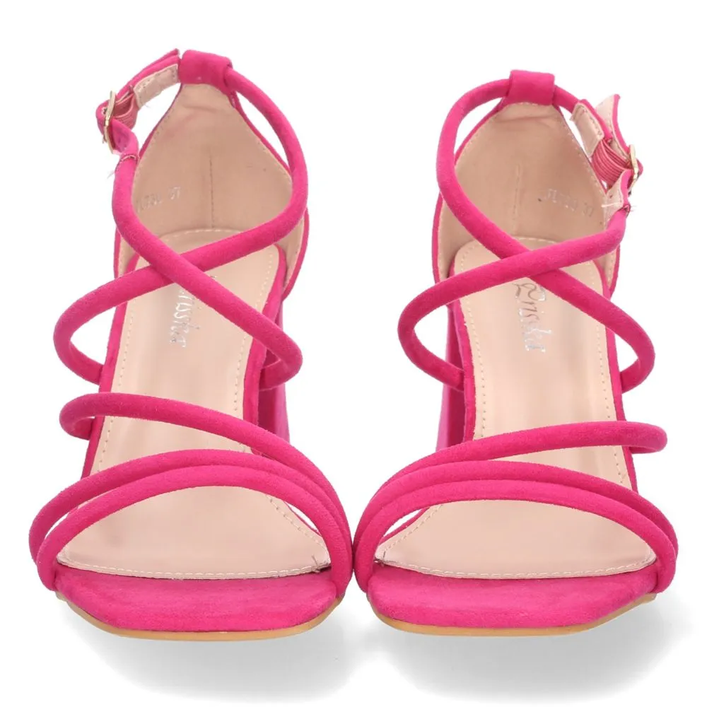 Sandalia Color Fucsia Tacón para Mujer Cómodo con Tiras Finas Cruzadas Talón Cerrado y Cierre de Heb